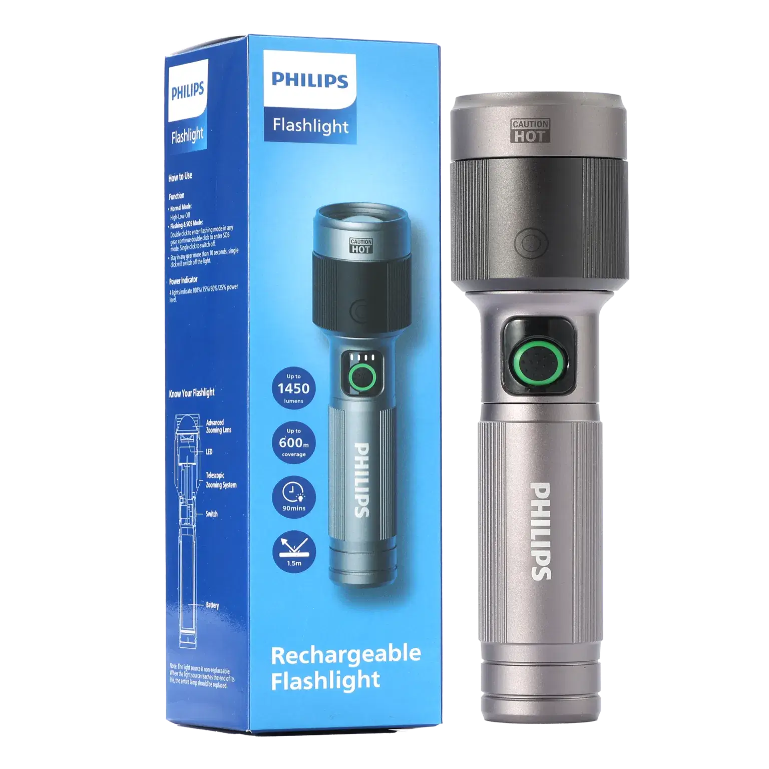 Philips Aircraft Aluminium Alloy Long Range 16.2cms Zoom LED Rechargeable Flashlight / Torch – 1450Lumens, 600m Range 2200mAh SFL2101/56 free shipping