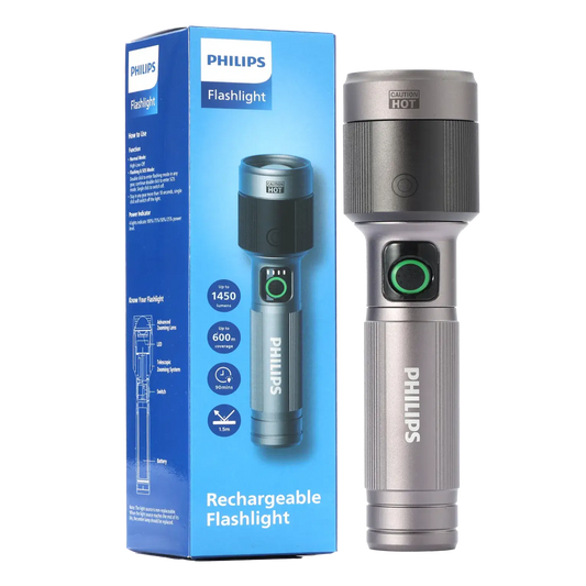 Philips Aircraft Aluminium Alloy Long Range 16.2cms Zoom LED Rechargeable Flashlight / Torch – 1450Lumens, 600m Range 2200mAh SFL2101/56 free shipping