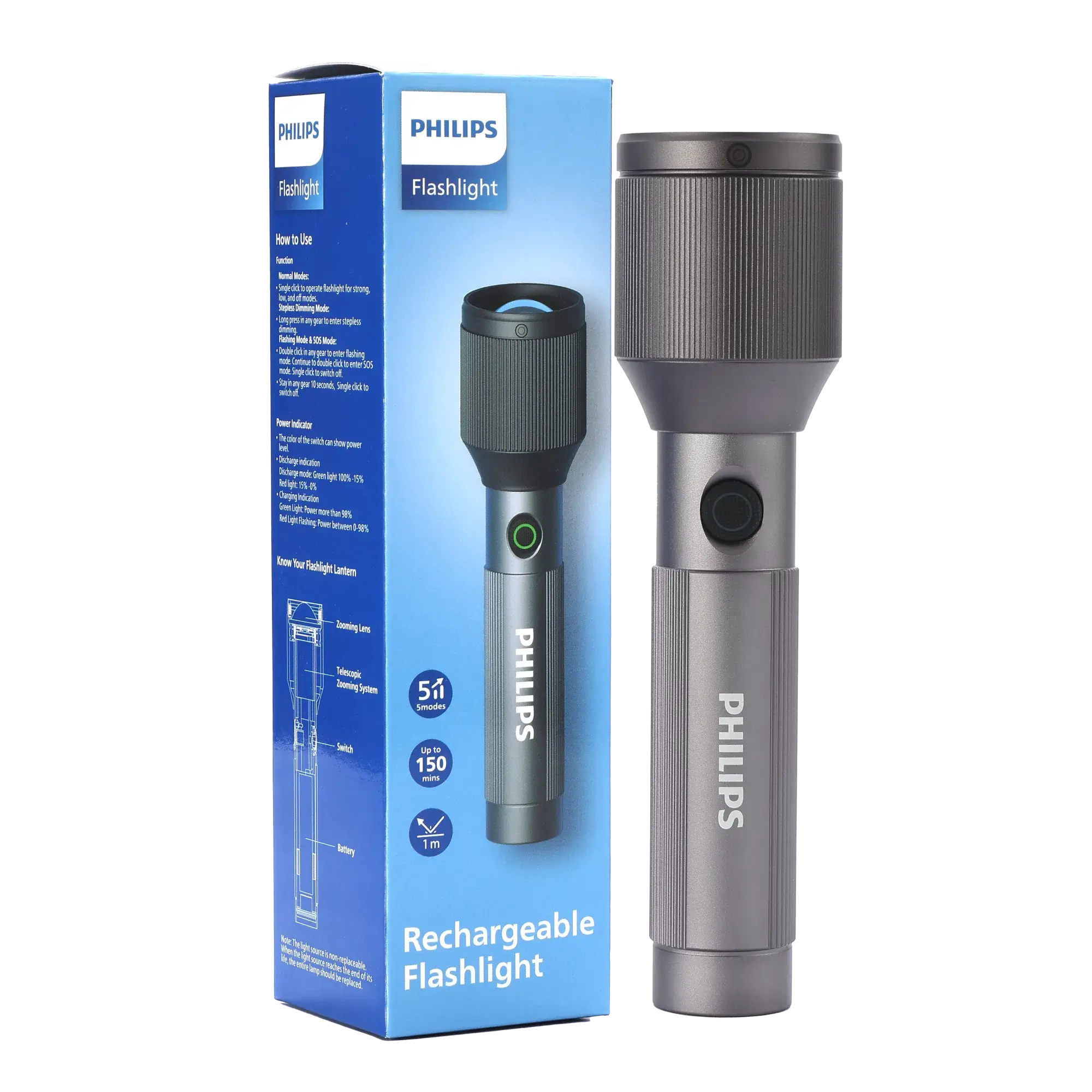 Philips Aircraft Aluminium Alloy 22cms Zoom LED Rechargeable Flashlight / Torch – 1000Lumens, 900m Range, 2000mAh SFL2142/56 free shipping
