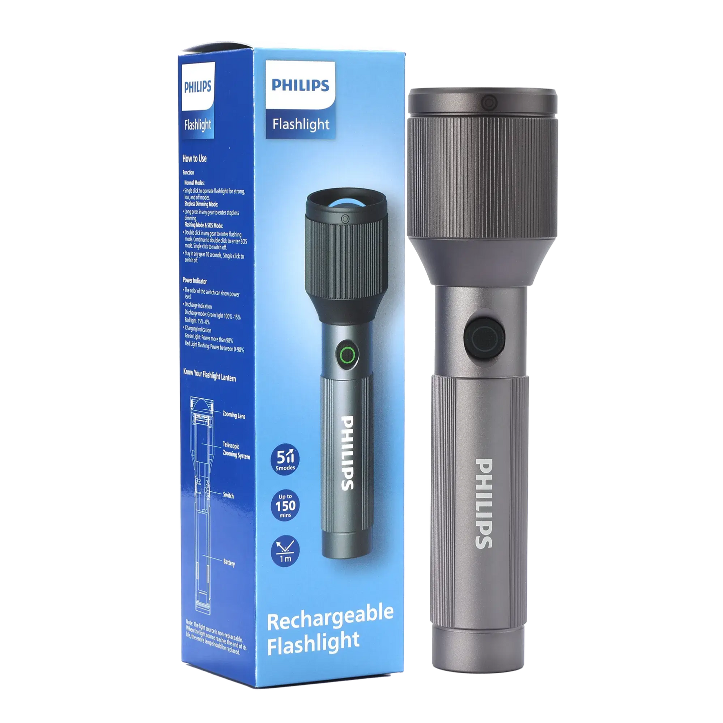 Philips Aircraft Aluminium Alloy 22cms Zoom LED Rechargeable Flashlight / Torch – 1000Lumens, 900m Range, 2000mAh SFL2142/56 free shipping