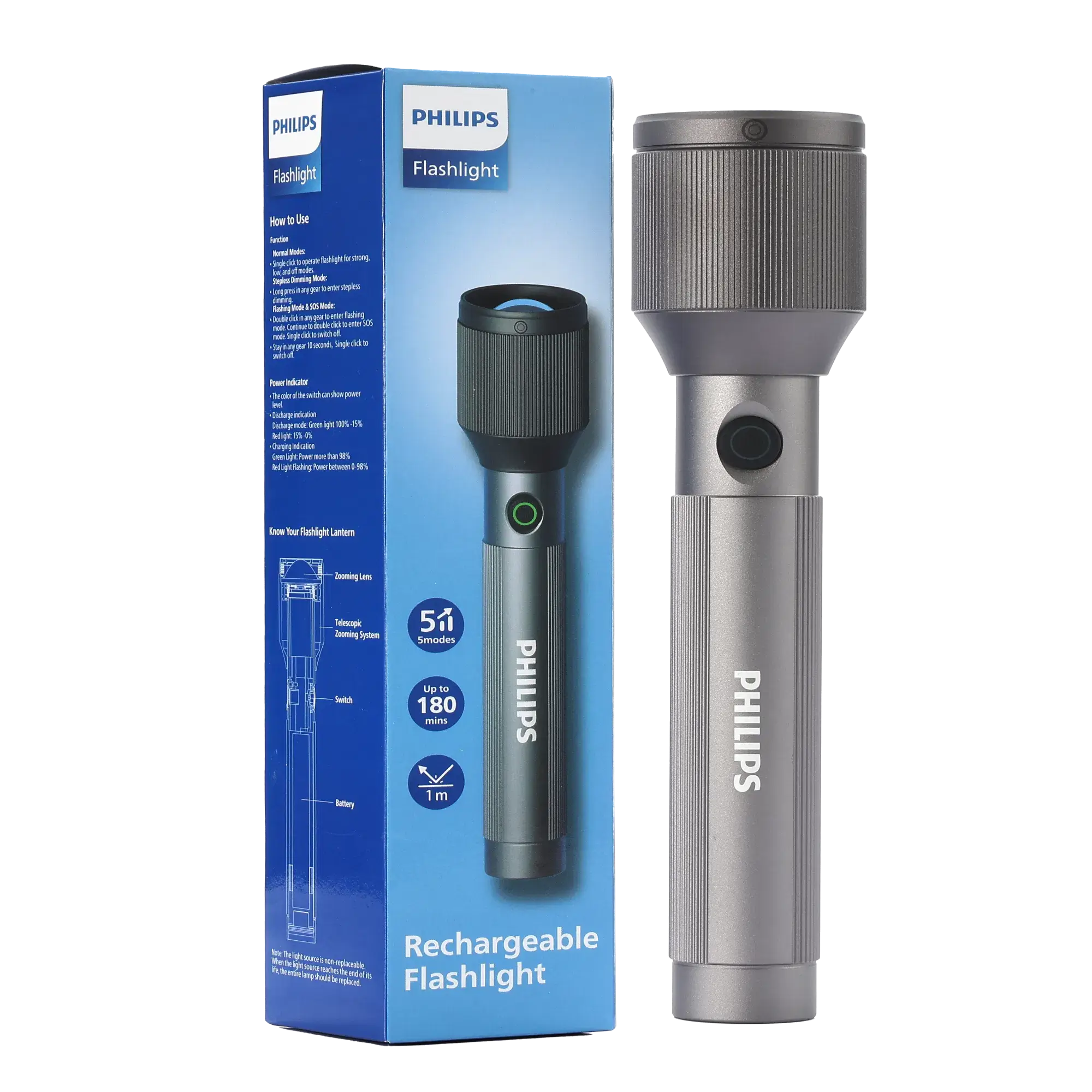 Philips Aircraft Aluminium Alloy 25cms Zoom LED Rechargeable Flashlight / Torch – 1100Lumens, 950m Range, 3000mAh SFL2143/56 free shipping