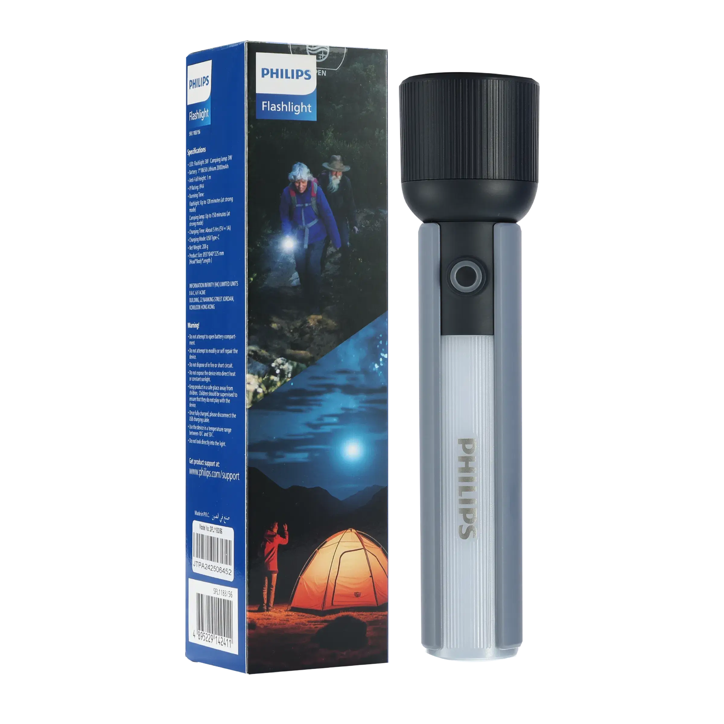 Philips ABS 22.5cms Multi-Functional Rechargeable Flashlight &amp; Portable Torch Light – 400/350Lumens, 150m Range, 2000mAh SFL1183/56 free shipping