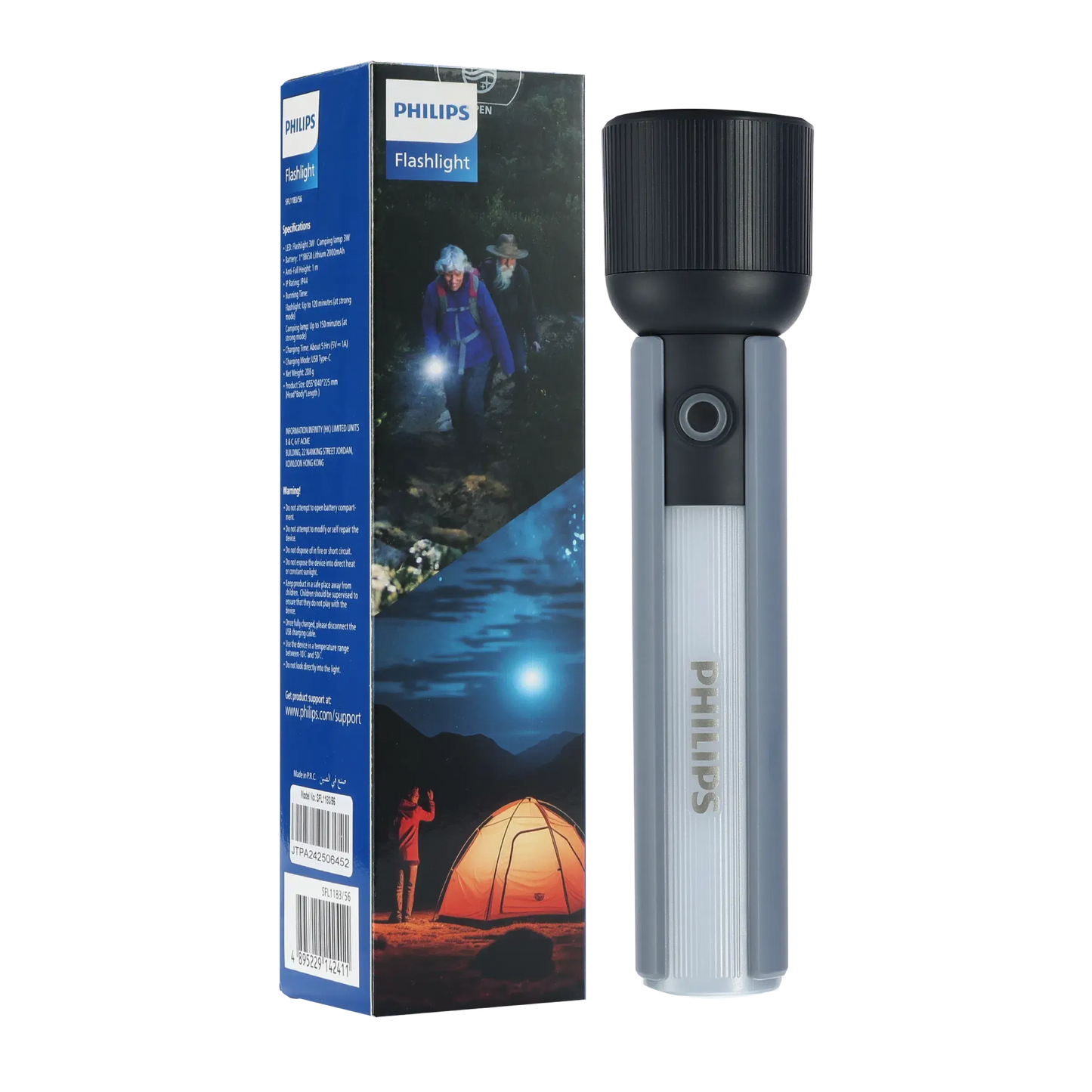 Philips ABS 22.5cms Multi-Functional Rechargeable Flashlight &amp; Portable Torch Light – 400/350Lumens, 150m Range, 2000mAh SFL1183/56 free shipping