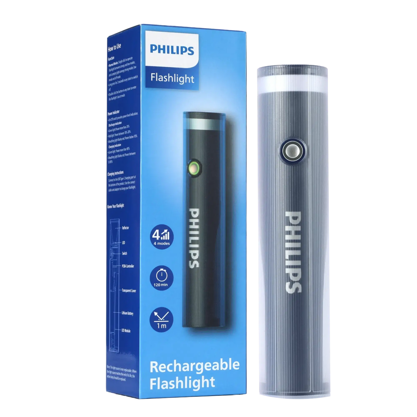 Philips ABS 21cms Multi-Functional Rechargeable Flashlight &amp; Portable Torch Light – 400/350Lumens, 150m Range, 2000mAh SFL1188/56 free shipping