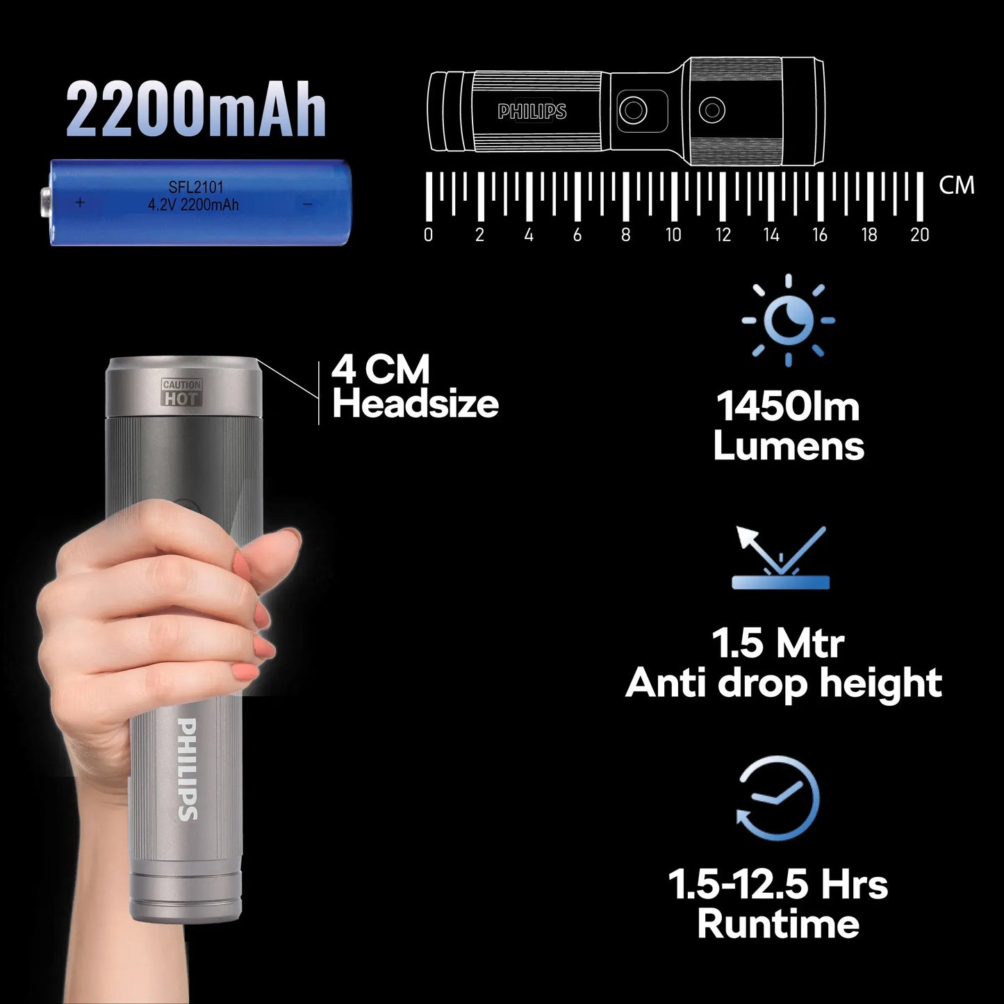 Philips Aircraft Aluminium Alloy Long Range 16.2cms Zoom LED Rechargeable Flashlight / Torch – 1450Lumens, 600m Range 2200mAh SFL2101/56 free shipping