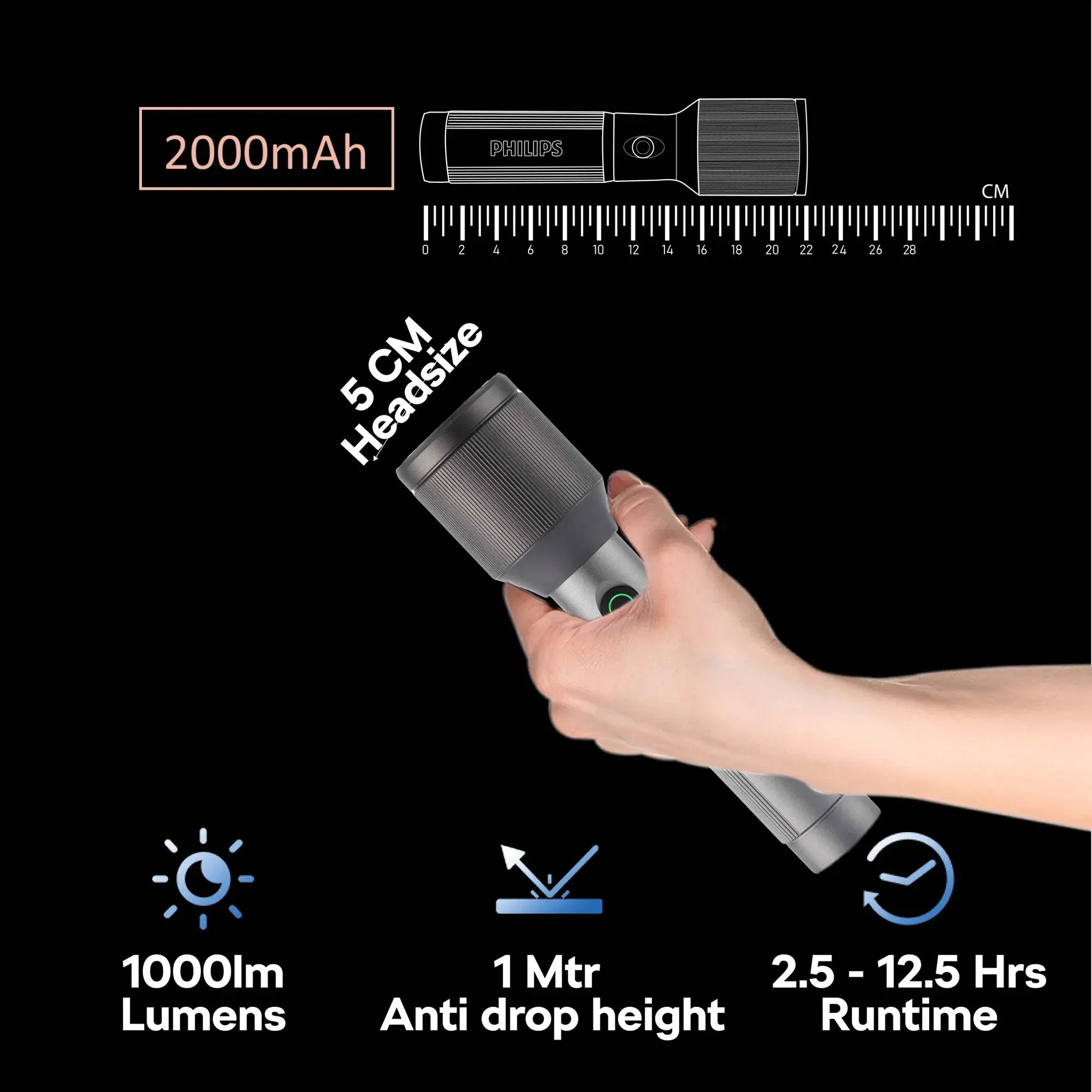 Philips Aircraft Aluminium Alloy 22cms Zoom LED Rechargeable Flashlight / Torch – 1000Lumens, 900m Range, 2000mAh SFL2142/56 free shipping