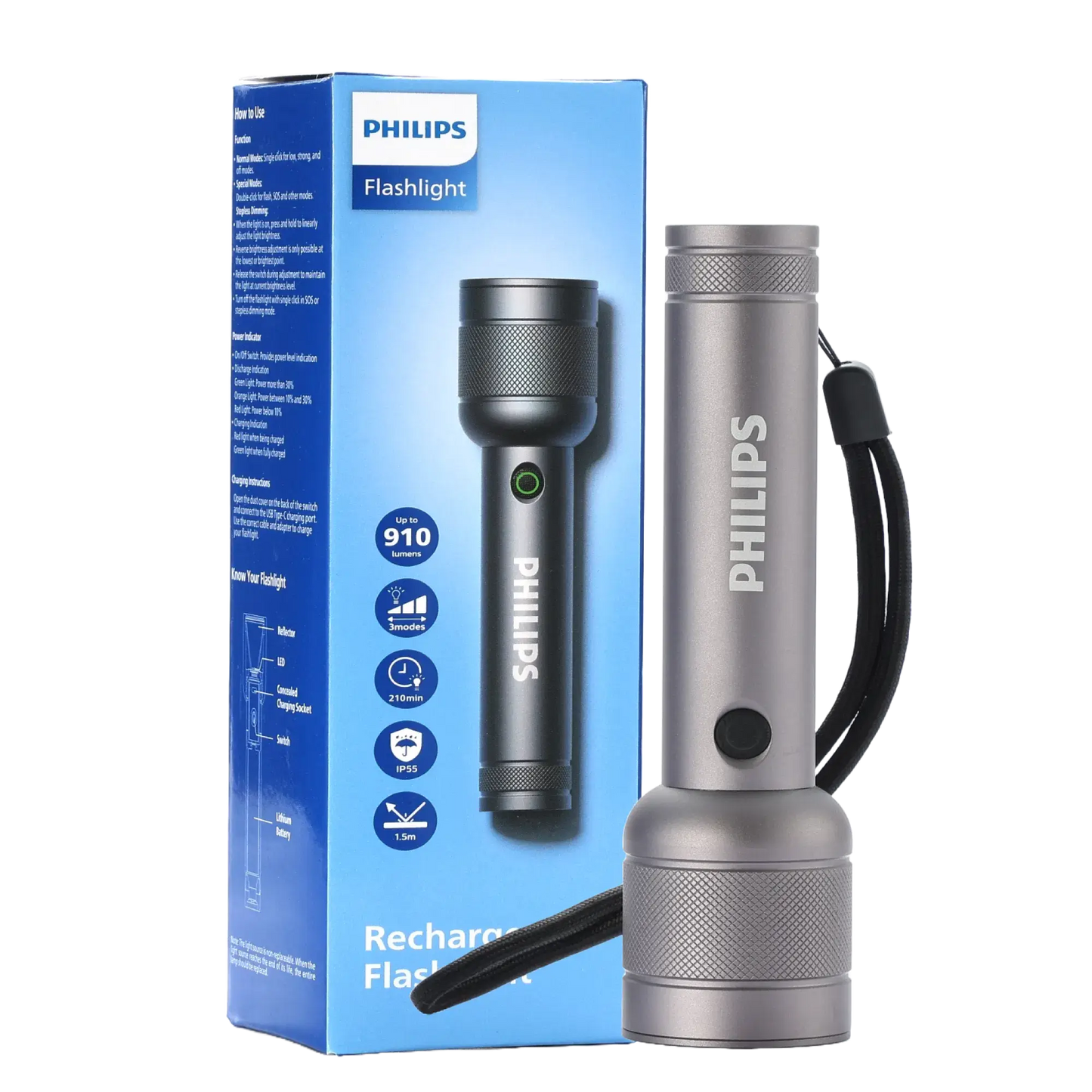 Philips Aircraft Aluminium Alloy 15cms LED Rechargeable Flashlight / Torch – 910Lumens, 300m Range, 2200mAh SFL2186R free shipping