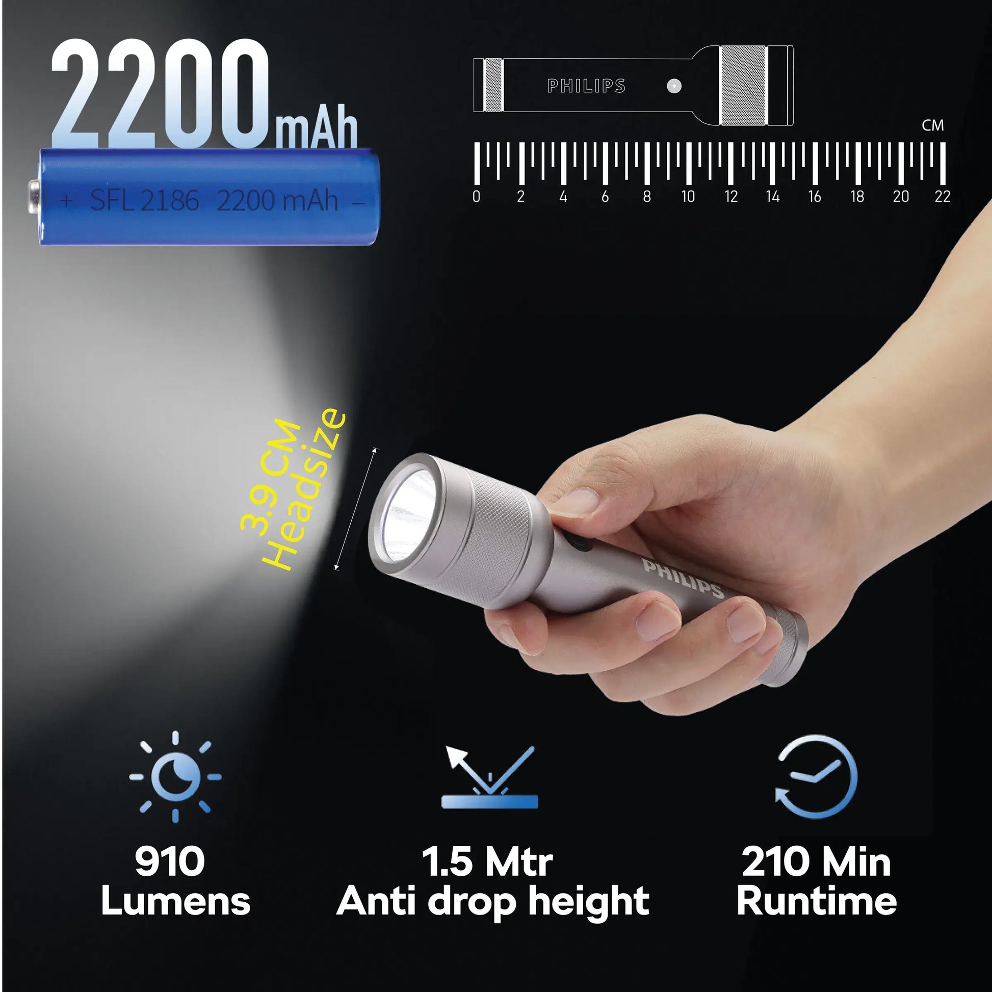 Philips Aircraft Aluminium Alloy 15cms LED Rechargeable Flashlight / Torch – 910Lumens, 300m Range, 2200mAh SFL2186R free shipping