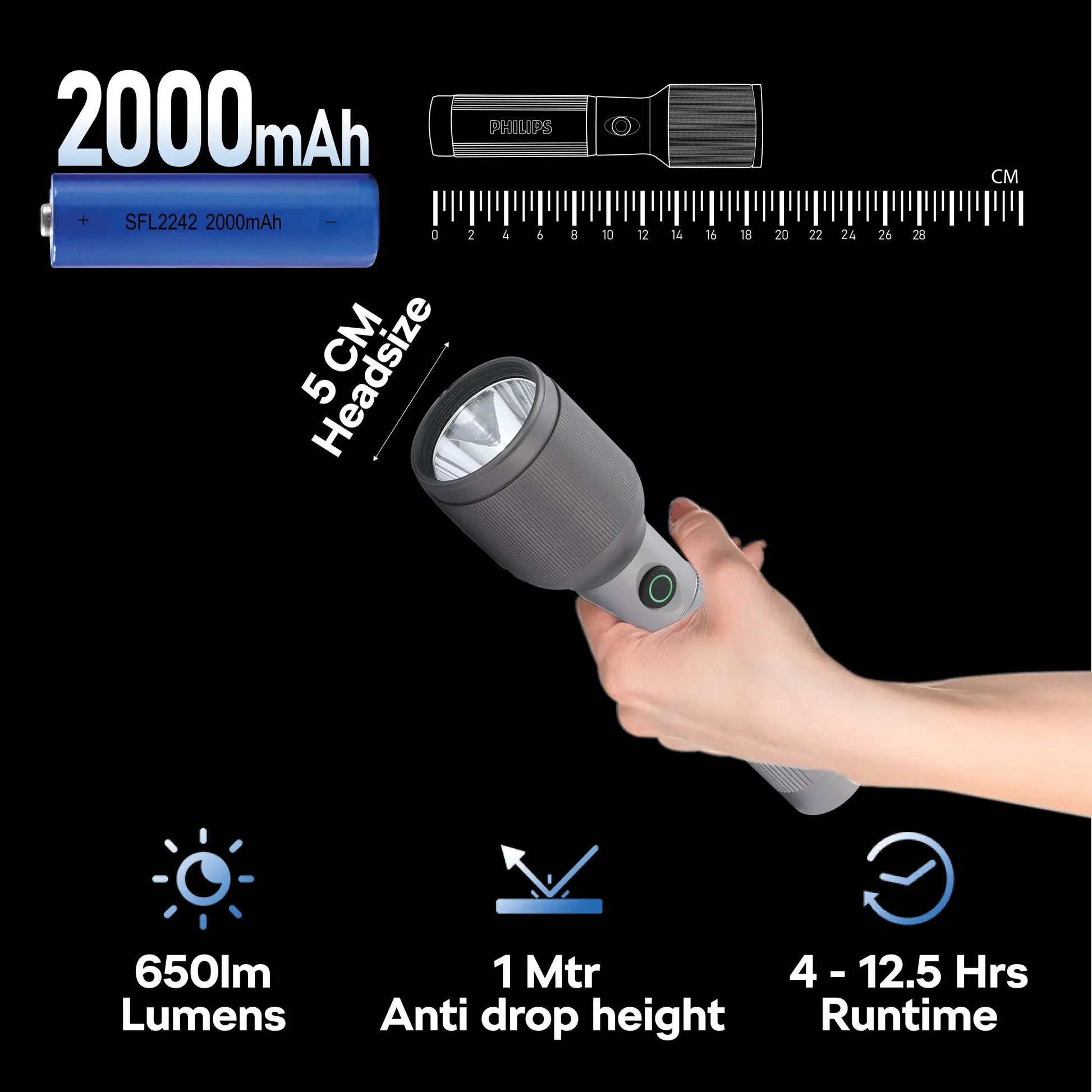 Philips Aircraft Aluminium Alloy 19.2cms LED Rechargeable Flashlight / Torch – 650Lumens, 450m Range, 2000mAh SFL2242/56