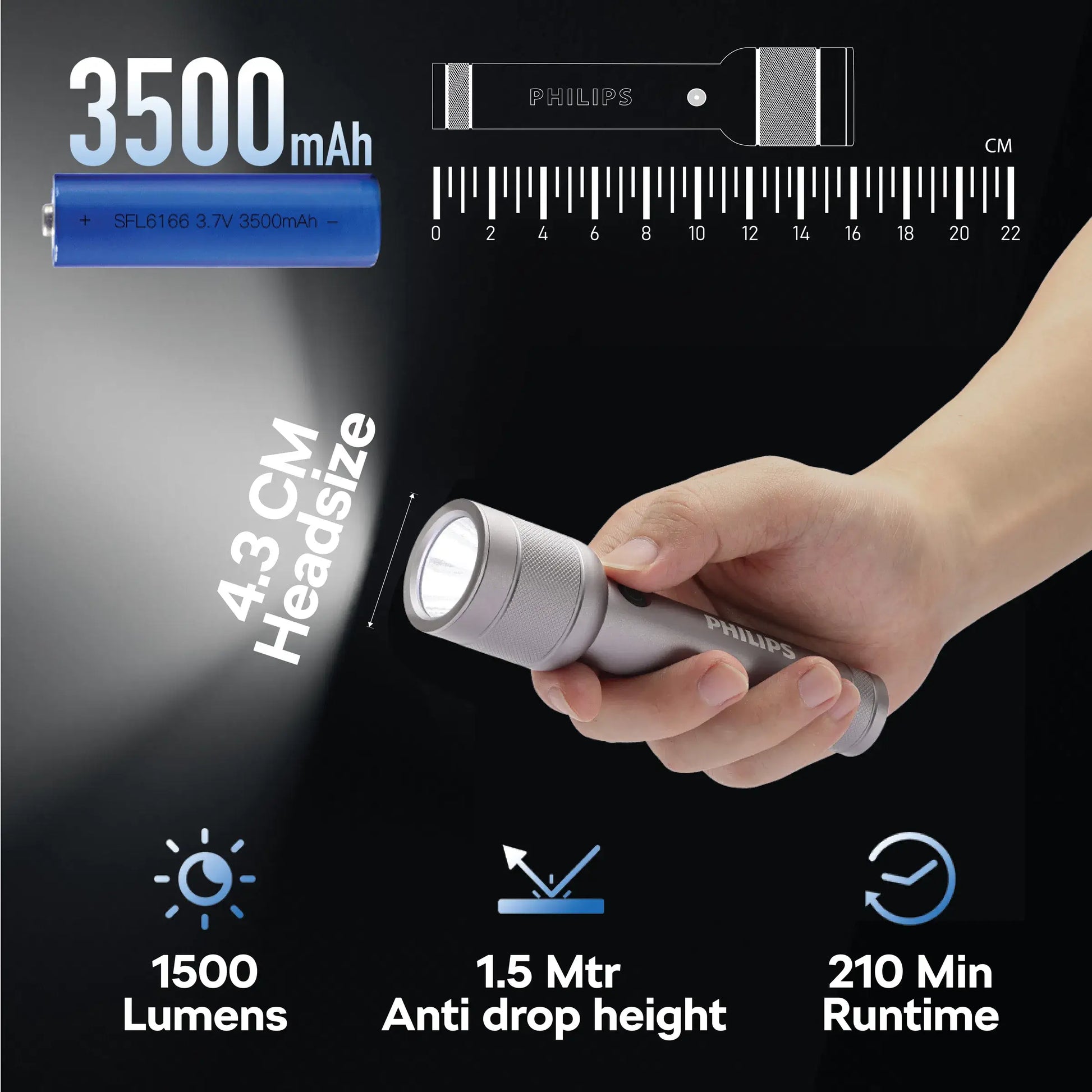 Philips Aircraft Aluminium Alloy 16.5cm LED Rechargeable Flashlight / Torch – 1500Lumens, 368m Range, 3500mAh – SFL6166R/56 free shipping