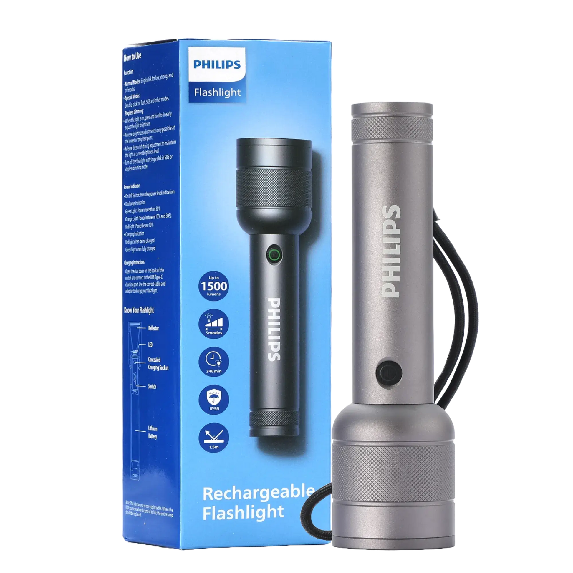 Philips Aircraft Aluminium Alloy 16.5cm LED Rechargeable Flashlight / Torch – 1500Lumens, 368m Range, 3500mAh – SFL6166R/56 free shipping