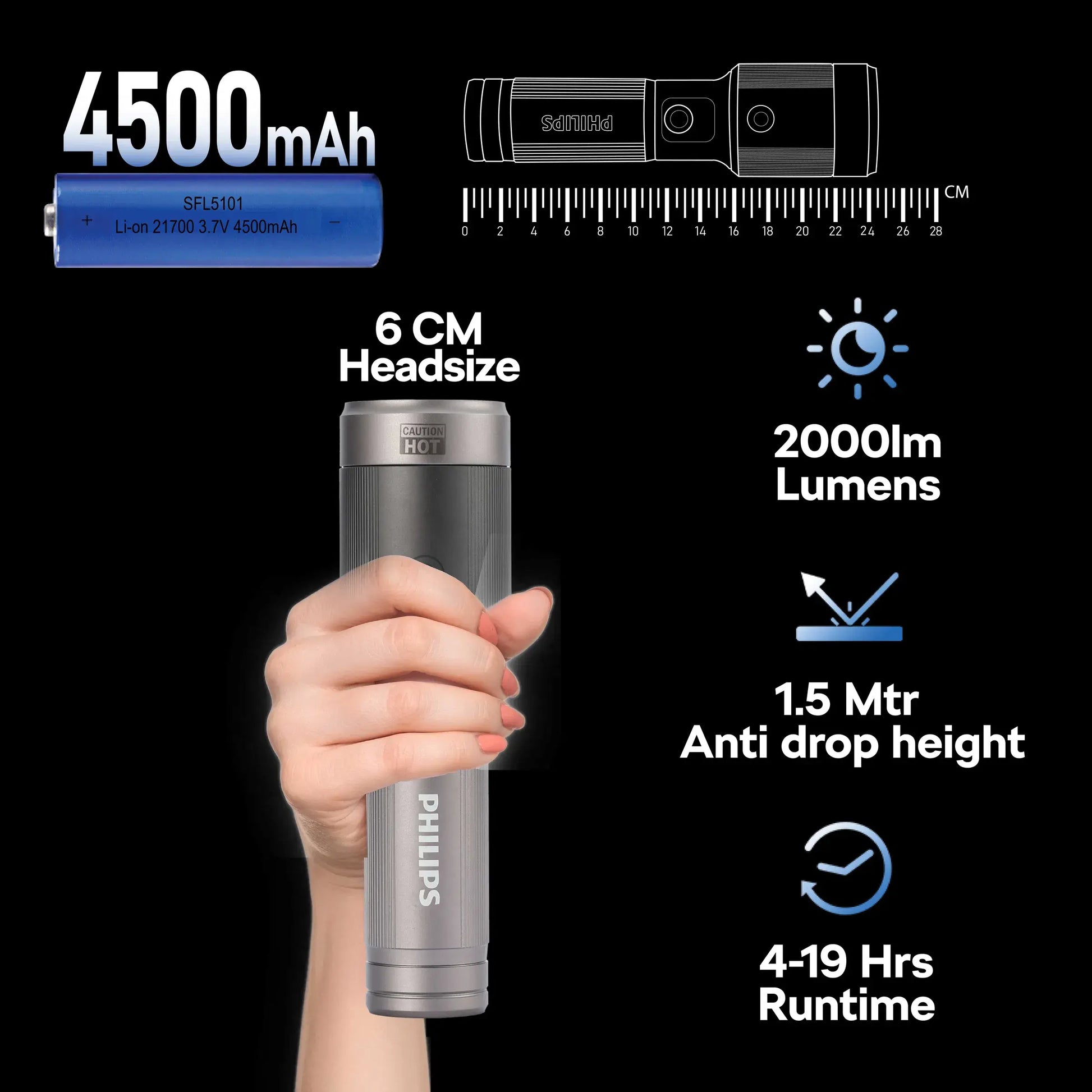 Philips Aircraft Aluminium Alloy 24.5cms Zoom LED Rechargeable Flashlight / Torch – 2000Lumens, 680m Range, 4500mAh SFL5101/56 free shipping