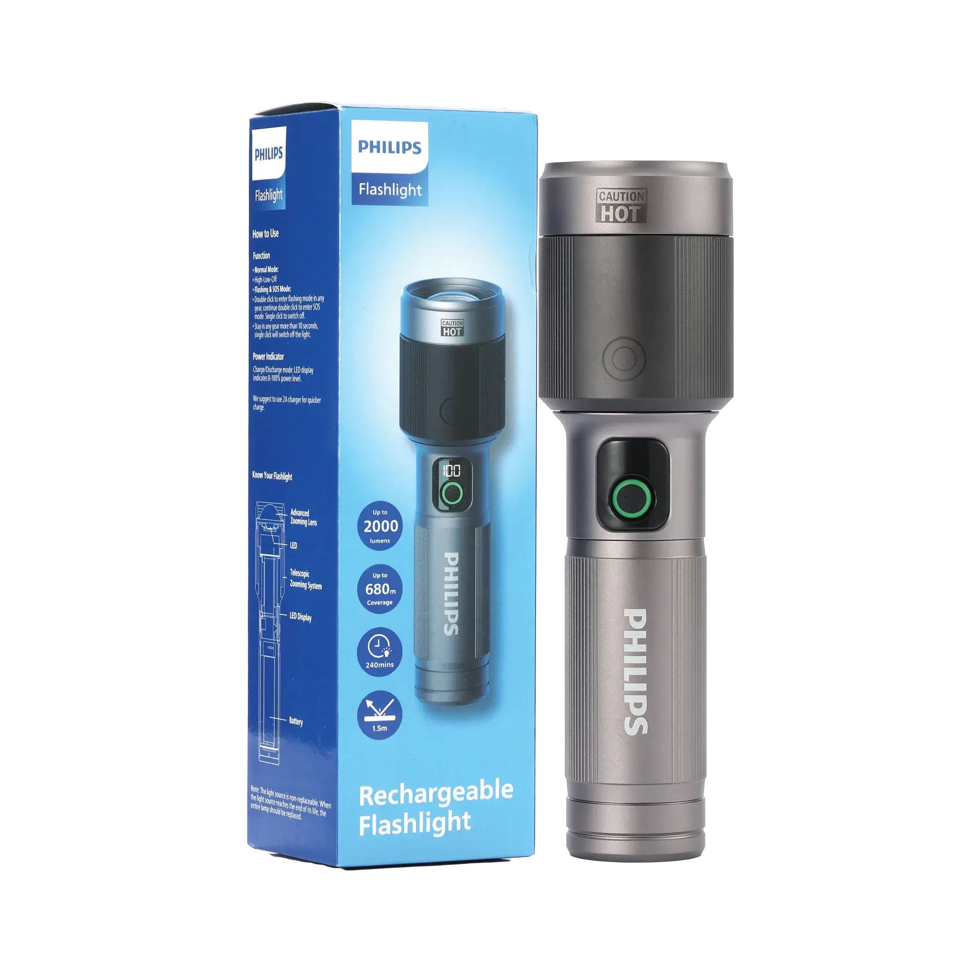 Philips Aircraft Aluminium Alloy 24.5cms Zoom LED Rechargeable Flashlight / Torch – 2000Lumens, 680m Range, 4500mAh SFL5101/56 free shipping
