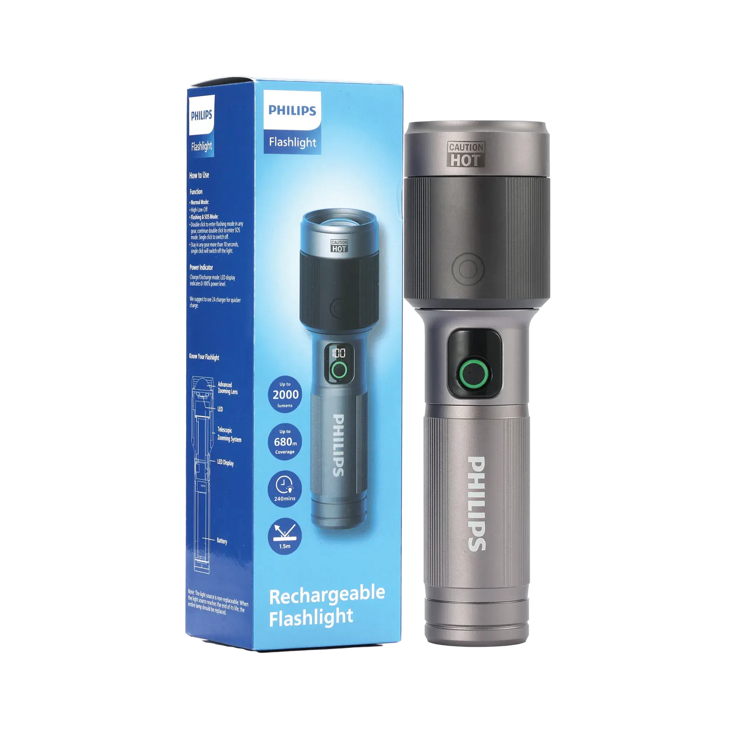 Philips Aircraft Aluminium Alloy 24.5cms Zoom LED Rechargeable Flashlight / Torch – 2000Lumens, 680m Range, 4500mAh SFL5101/56 free shipping