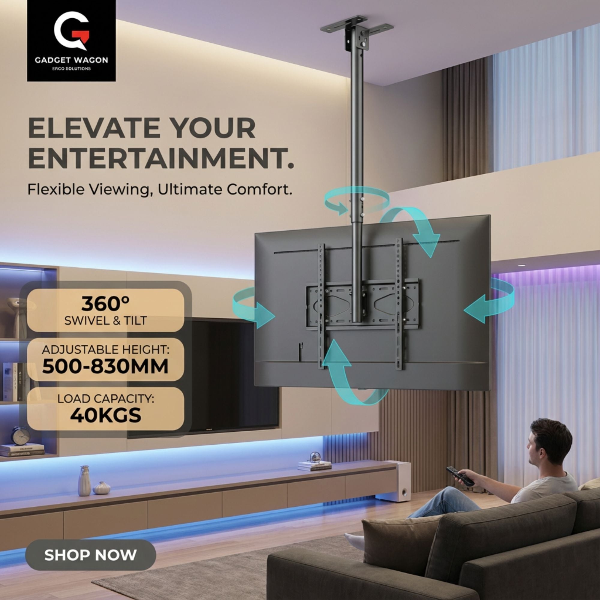 32 - 75 Inch Ceiling TV Mount  TVs | 2-5 Feet | 68.2 Kgs Load Capacity T560-15