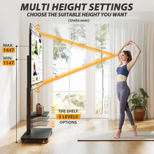 Luxury Floor TV Stand with Mount for 55–86 Inch TVs, Solid Wood Grille & Aluminum Frame, Adjustable Height Rolling Stand with VESA 100×100–800×600, free shipping