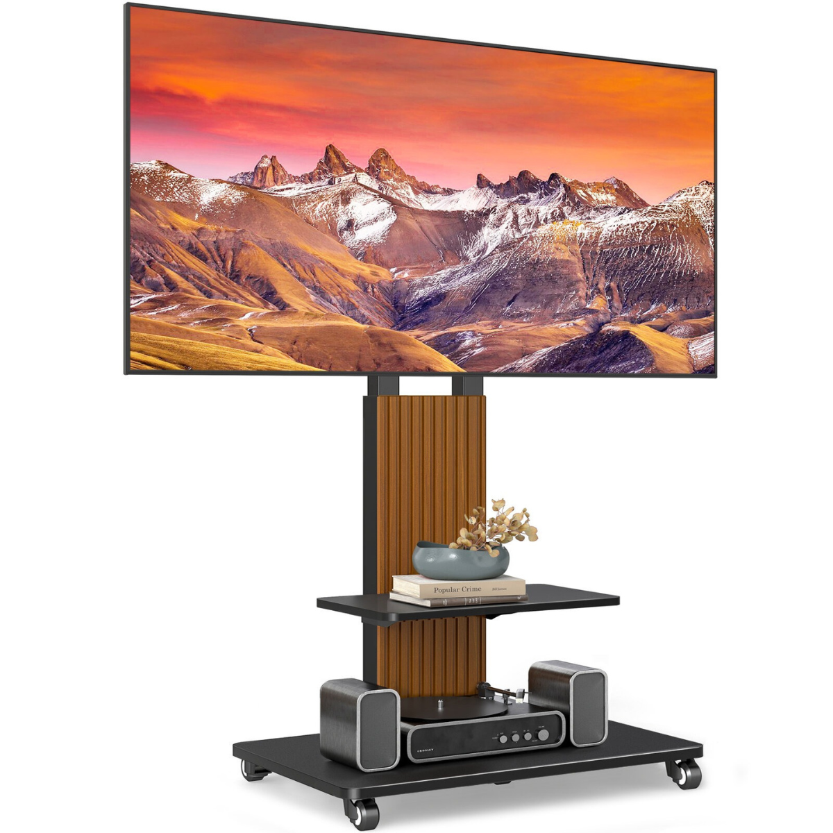 Luxury Floor TV Stand with Mount for 55–86 Inch TVs, Solid Wood Grille & Aluminum Frame, Adjustable Height Rolling Stand with VESA 100×100–800×600, free shipping