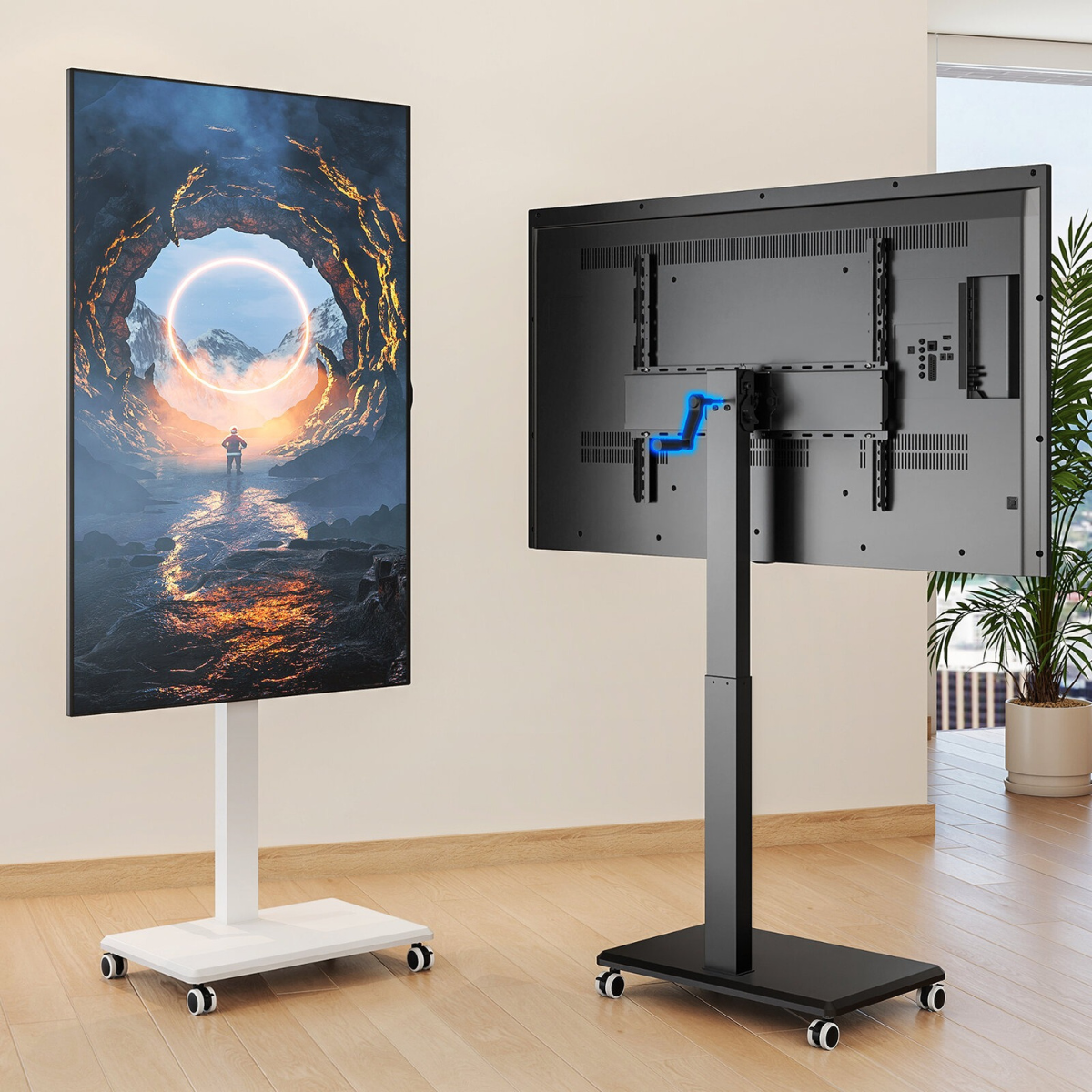 Rolling TV Stand with 90° Swivel Rotation for 42–75 Inch TVs, Height Adjustable Mobile TV Cart with Lockable Wheels, VESA 100×100–600×400, free shipping