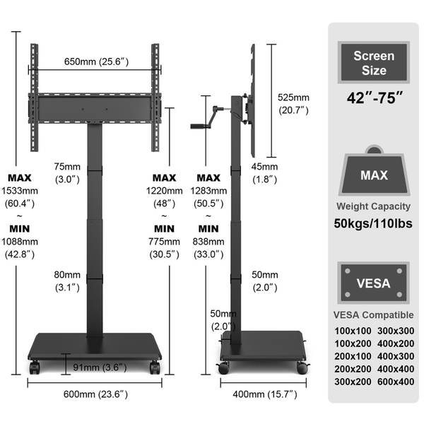 Tv Rack Movable Dimensions 42–75 Inch Rolling TV Stand with 90° Verical Rotation Tilt for TVs, He ...