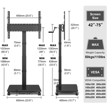 Rolling TV Stand with 90° Swivel Rotation for 42–75 Inch TVs, Height Adjustable Mobile TV Cart with Lockable Wheels, VESA 100×100–600×400, free shipping