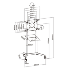 Technical drawing of a stand with dimensions labeled
