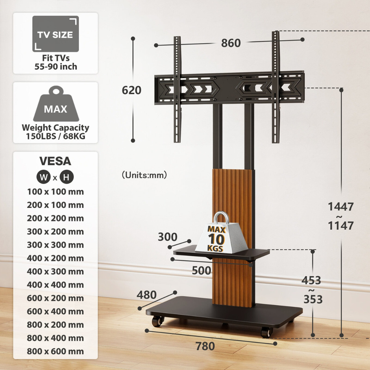 Luxury Floor TV Stand with Mount for 55–86 Inch TVs, Solid Wood Grille & Aluminum Frame, Adjustable Height Rolling Stand with VESA 100×100–800×600, free shipping