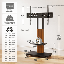 Luxury Floor TV Stand with Mount for 55–86 Inch TVs, Solid Wood Grille & Aluminum Frame, Adjustable Height Rolling Stand with VESA 100×100–800×600, free shipping