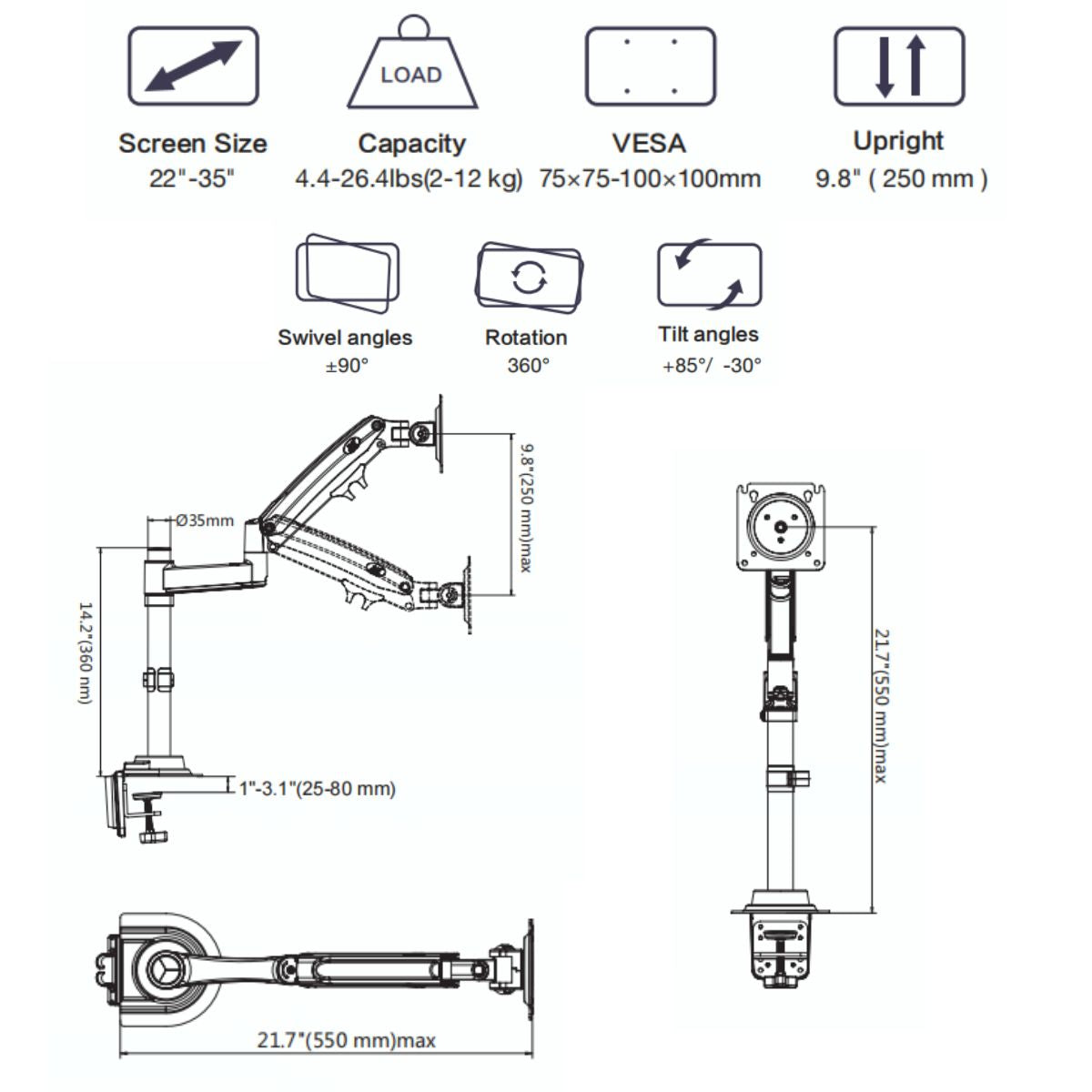 NB H100 17-35" Gas Strut LED Monitor Desk Arm with Laptop Tray 360 Degree Swivel tilt H100 Fp2 - GADGET WAGON Gas Spring Arm
