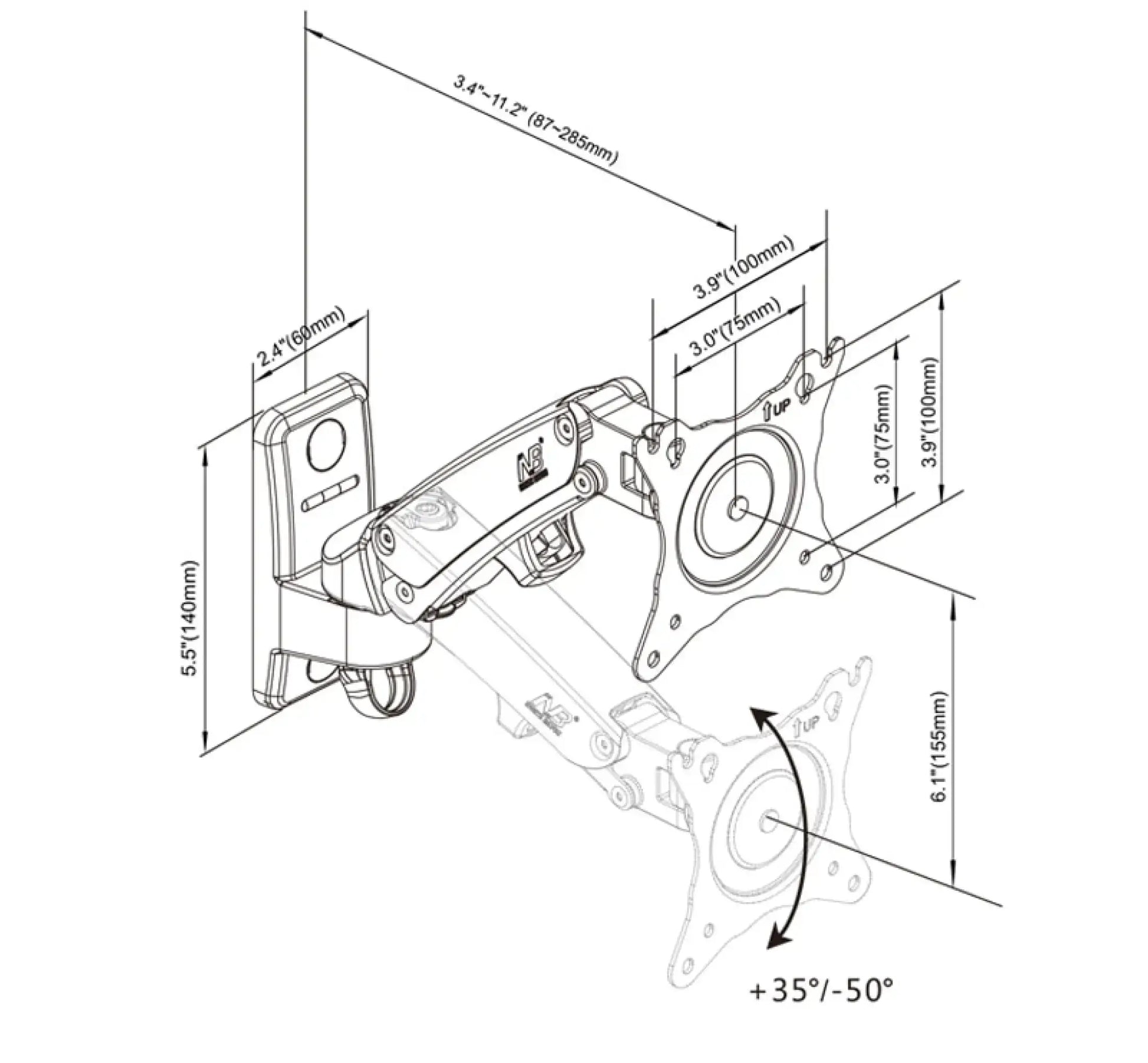 17-27 Inch Gas Spring Monitor Wall Mount Bracket Full Motion Articulating Swivel for Display - NB F120 Free Shipping