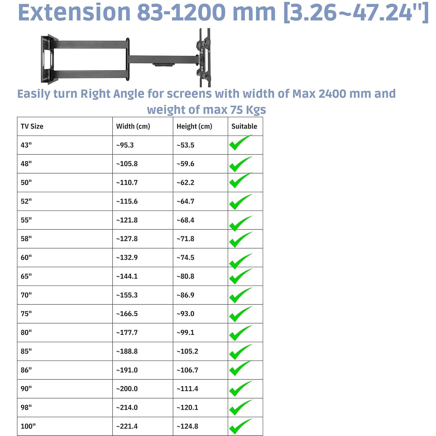 42 - 100 Inches Long 1200mm Extension, 90° Swivel, 20° Tilt, 75kg Load Free shipping