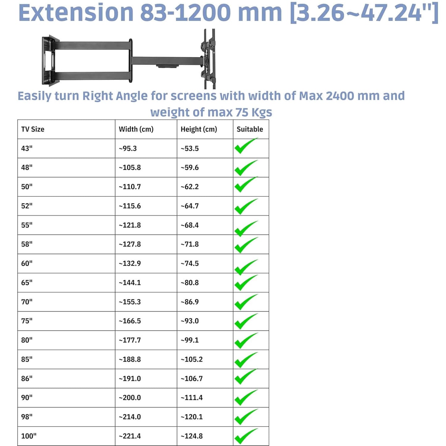 42 - 100 Inches Long 1200mm Extension, 90° Swivel, 20° Tilt, 75kg Load"