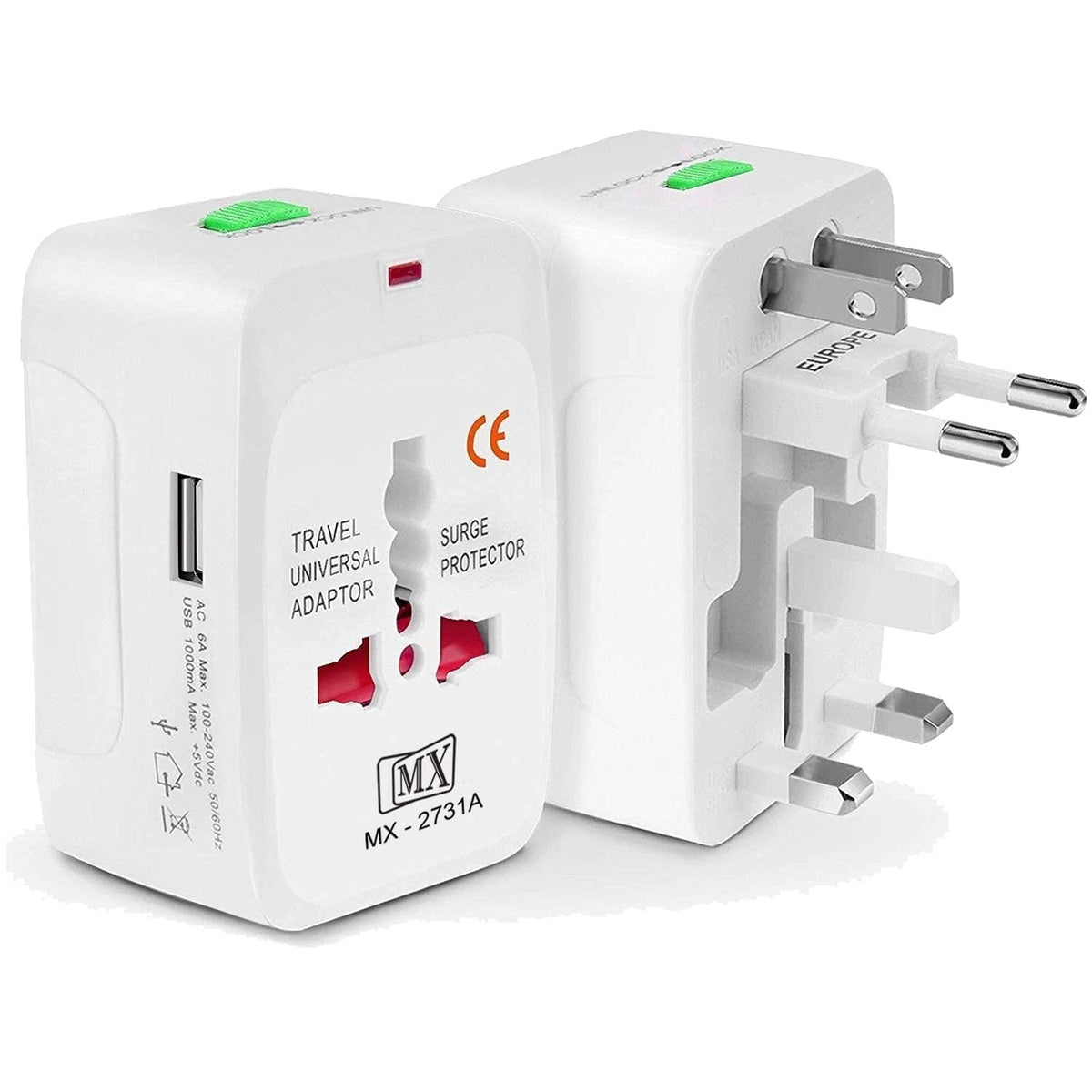 MX Universal Travel Adapter International All in One Worldwide Travel Multi Plug Adapter with Build in Single Port USB Charger Multi Type Power Outlet for USA EU UK AUS Cell Phone Laptop Smart Phone 2731A