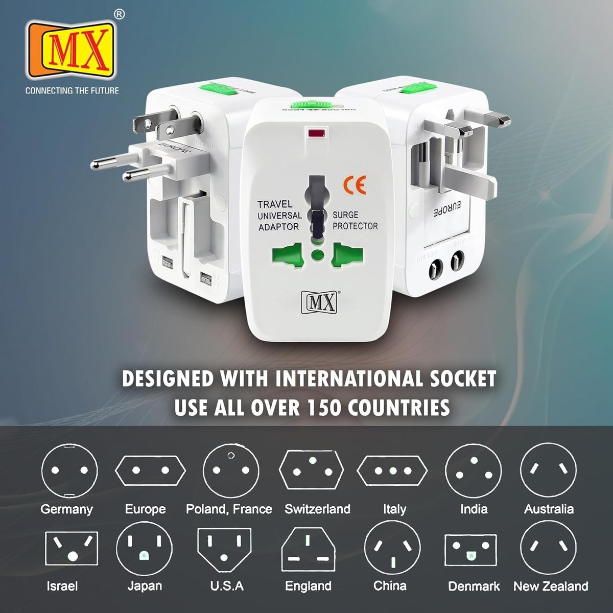 MX Universal Travel Adapter International All in One Worldwide Travel Multi Plug Adapter with Build in Single Port USB Charger Multi Type Power Outlet for USA EU UK AUS Cell Phone Laptop Smart Phone 2731A