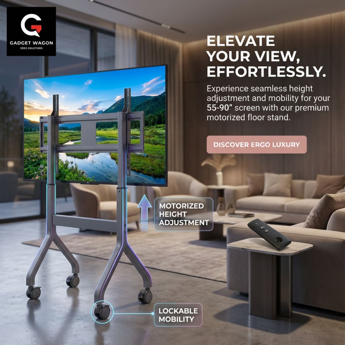 TV Movable Floor Stand Motorised Steel Video Conference Cart Remote Control Electric Adjustable Height Interactive Panel (43-90" / 68.2 Kgs Load Capacity |P150)