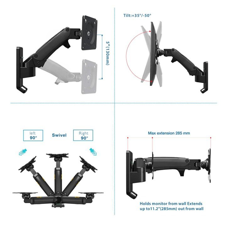 17-27 Inch Gas Spring Monitor Wall Mount Bracket Full Motion Articulating Swivel for Display - GADGET WAGON Gas Spring Arm
