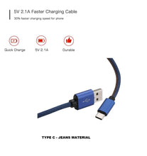 2.4A Type C Fast Charge and sync Data Transfer Cable 1 Meter Denim Coating Material - GADGET WAGON ELECTRONIC_CABLE