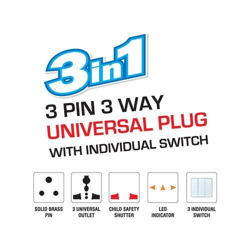 3 pin 3 socket Multi Plug with Safety Shutter Universal Converter - GADGET WAGON ACCESSORY_OR_PART_OR_SUPPLY