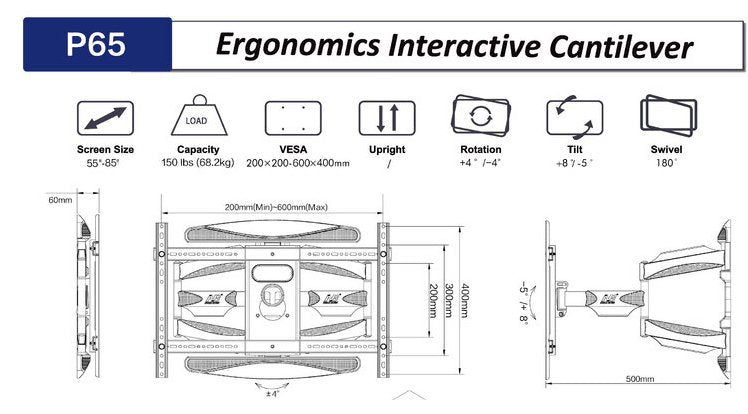 NB P65 55 -85" TV Wall Mount Full Motion, Swivel & Tilt 68.2 kgs Capacity P65 Free Shipping