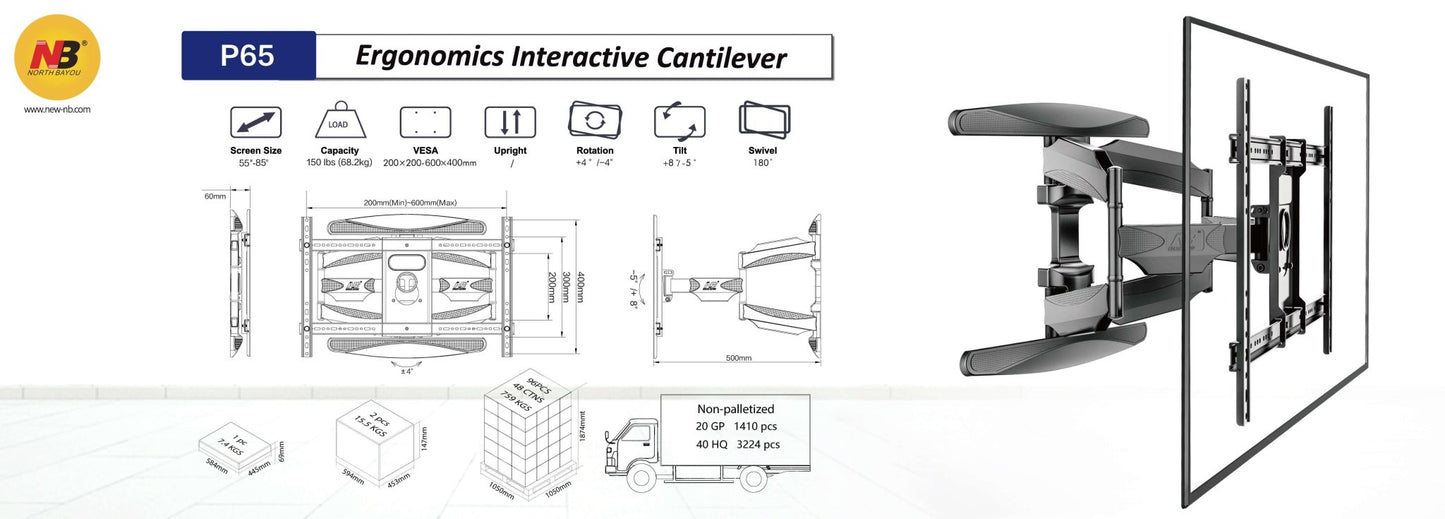 NB P65 55 -85" TV Wall Mount Full Motion, Swivel & Tilt 68.2 kgs Capacity P65 Free Shipping