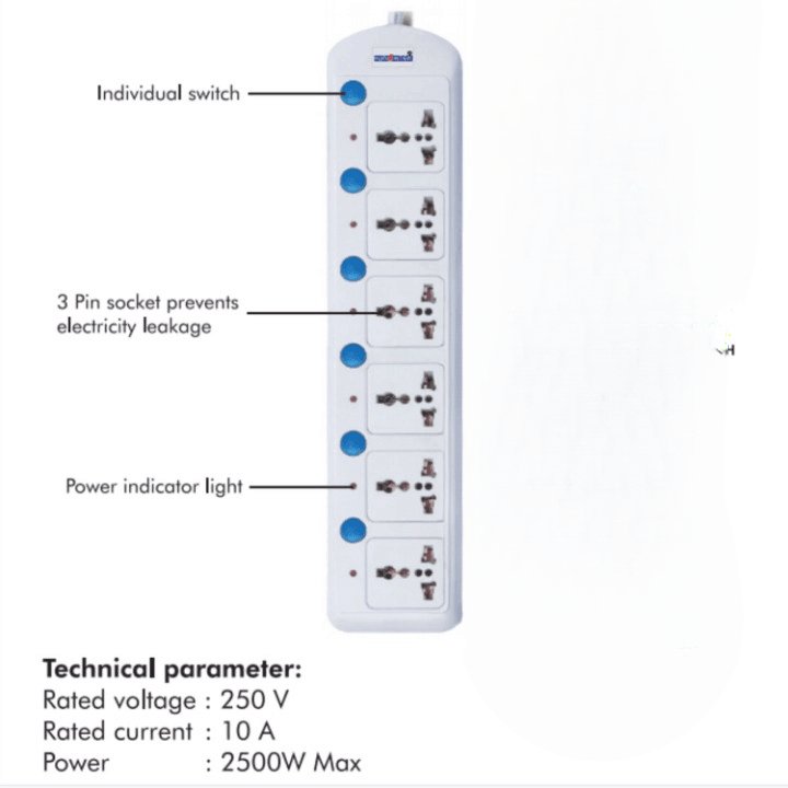 6 Plug Socket 5 Meters Extension Flex Box Individual Switch 5 Meters - GADGET WAGON Power Strips & Surge Suppressors