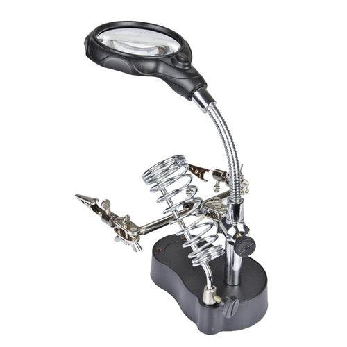Hand Magnifier Tool 3.5x 12X with Soldering Iron Stand Adjustable Alligator Clip Clamps LED Magnifying Glass Len Workstation Light Battery Powered