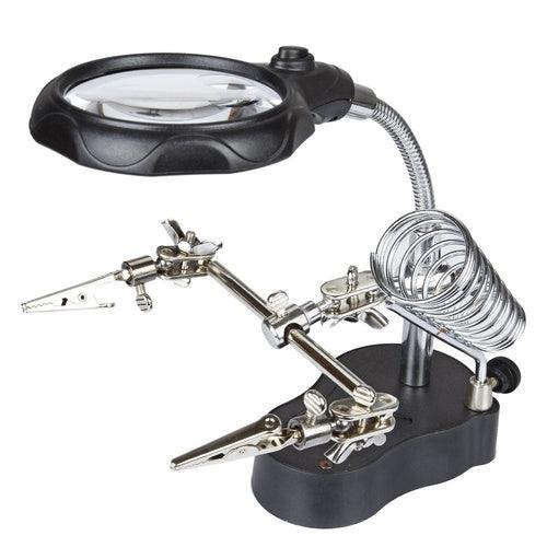 Hand Magnifier Tool 3.5x 12X with Soldering Iron Stand Adjustable Alligator Clip Clamps LED Magnifying Glass Len Workstation Light Battery Powered