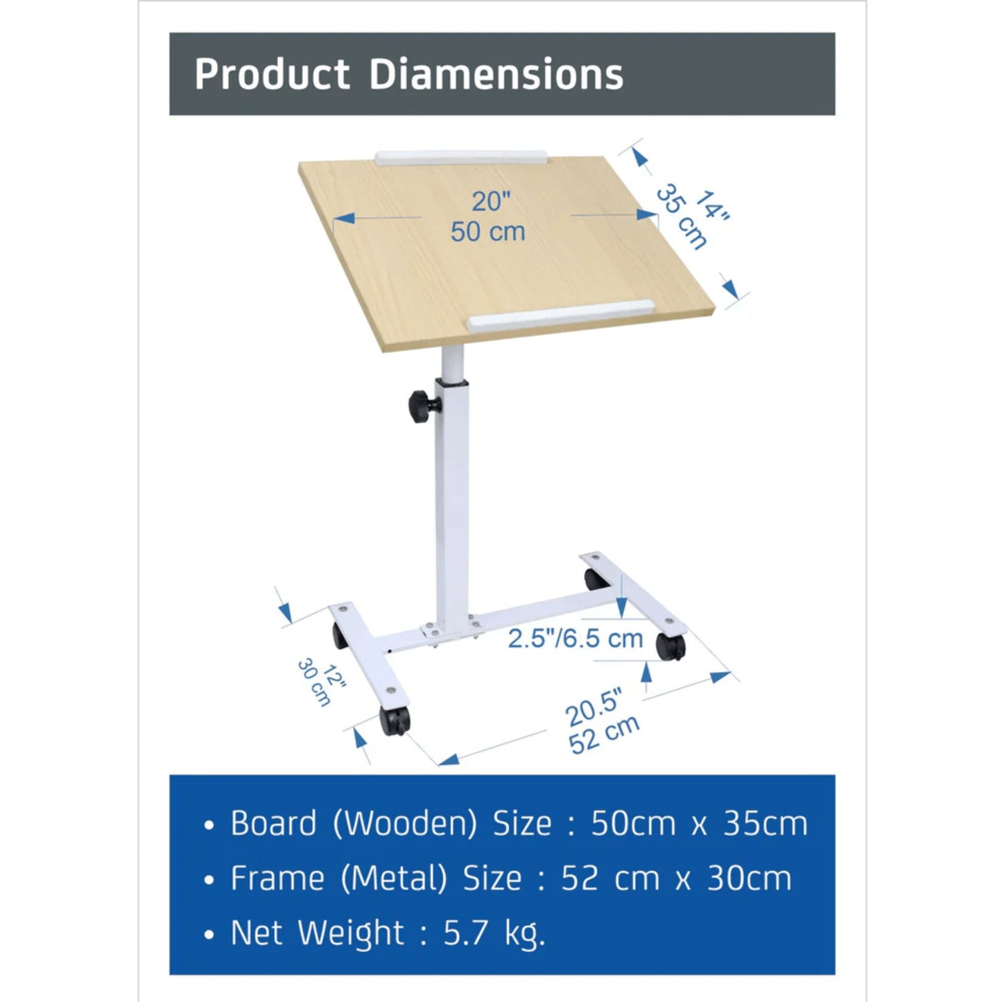 Laptop Projector Study Table Desk with Wheels Adjustable Height and Angle Wood - GADGET WAGON