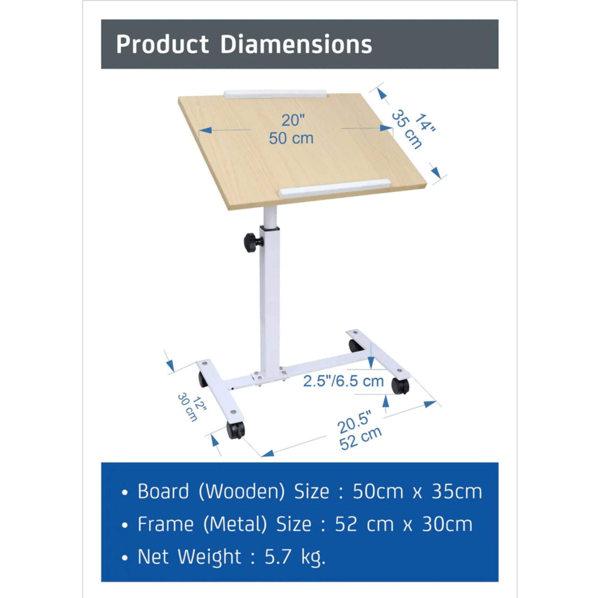 Laptop Projector Study Table Desk with Wheels Adjustable Height and Angle Wood - GADGET WAGON