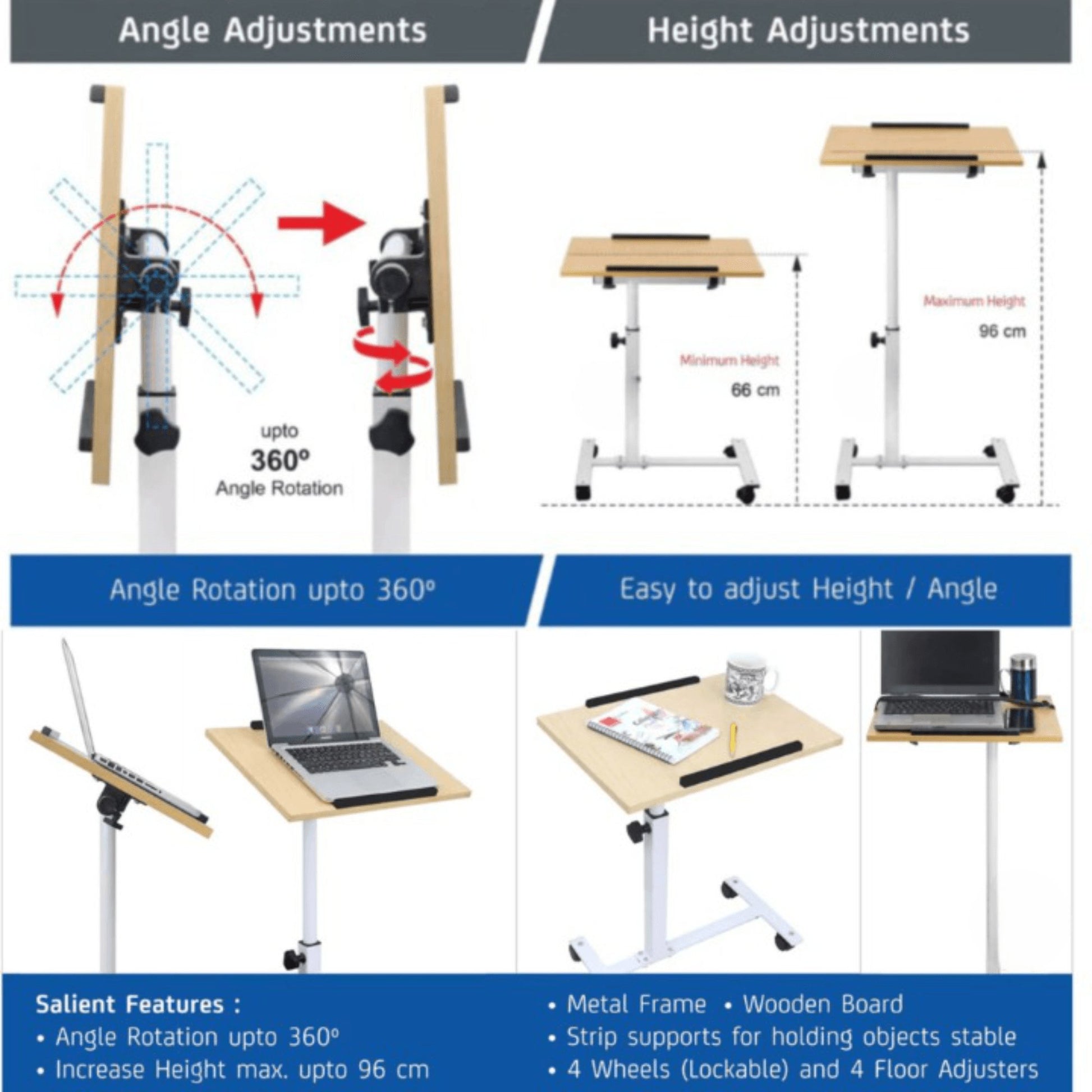 Laptop Projector Study Table Desk with Wheels Adjustable Height and Angle Wood - GADGET WAGON