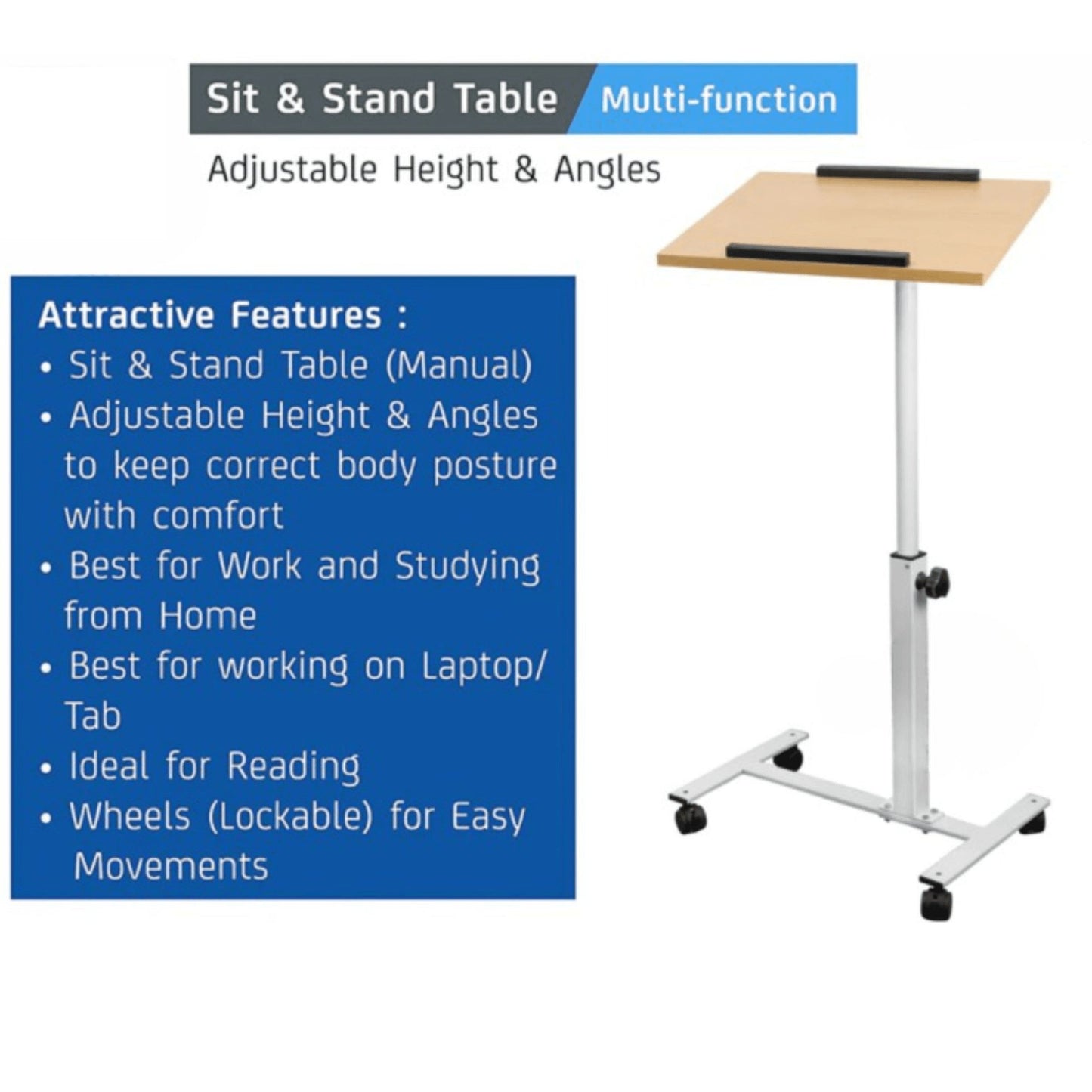 Laptop Projector Study Table Desk with Wheels Adjustable Height and Angle Wood - GADGET WAGON