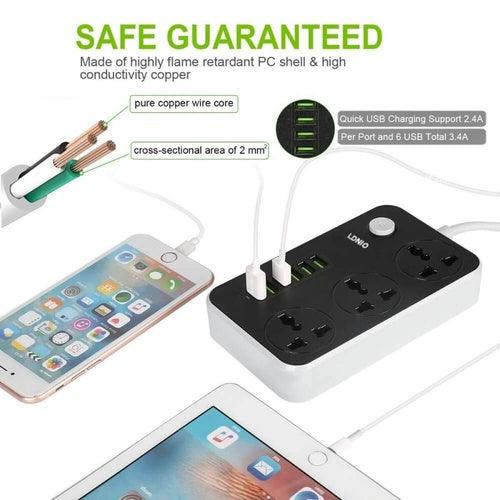 LDNIO 6 USB Charger with 3 AC Sockets | Safe & Convenient Charging for All Your Devices - GADGET WAGON Power Strips & Surge Suppressors