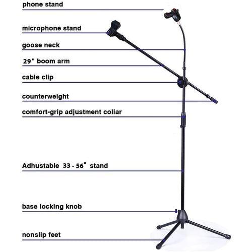 Microphone Tripod Mic Stand with Adjustable Mobile Mount Clamp-Easy Height Adjustment - GADGET WAGON Microphone Stands