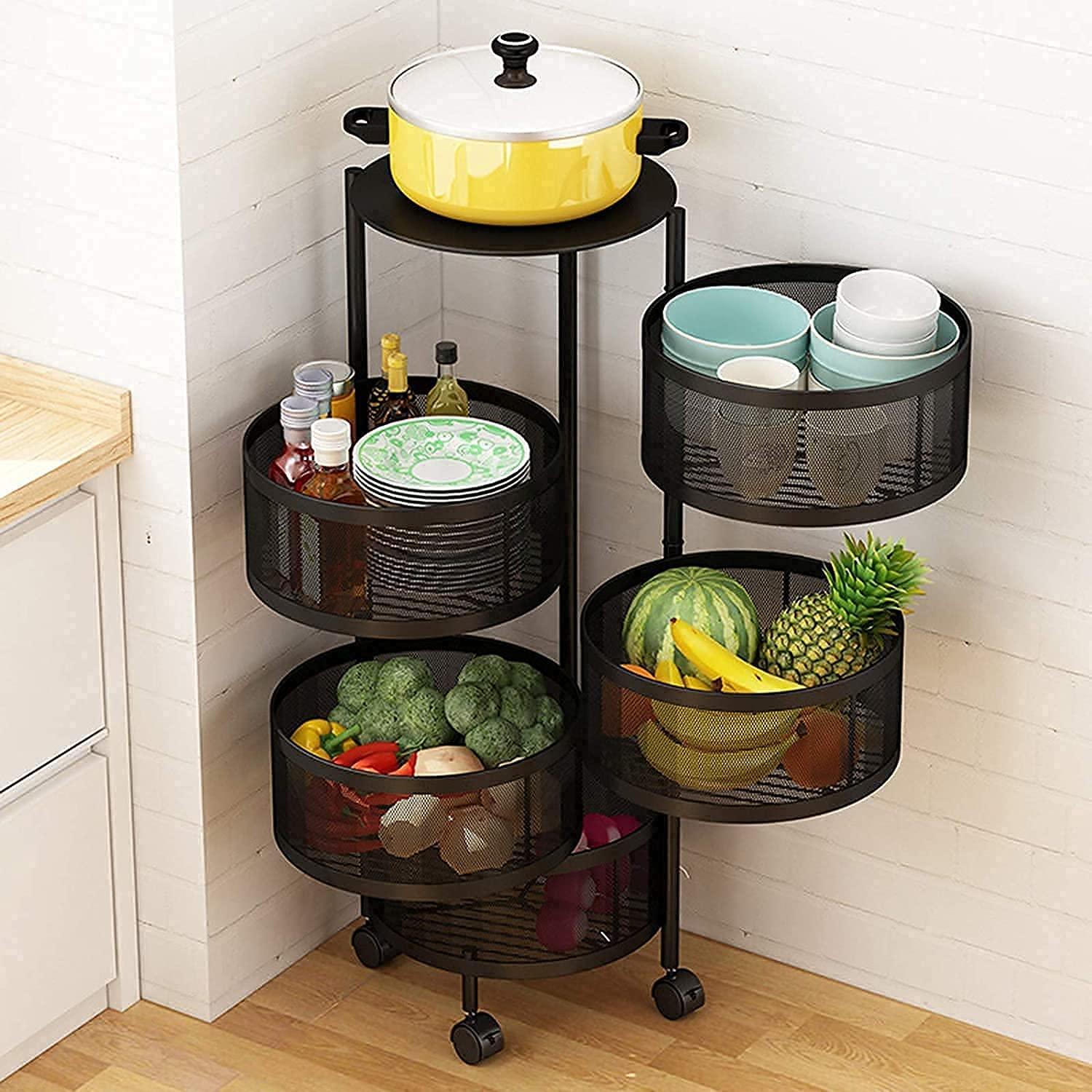 Multipurpose Kitchen Trolley with Rotating Basket: Use It for Fruits, Vegetables, Spices, or Anything Else - GADGET WAGON Kitchen Storage