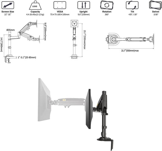 NB 17 - 35" Gas Strut Monitor Arm Desk Mount Desktop Spring H100 - GADGET WAGON Gas Spring Arm